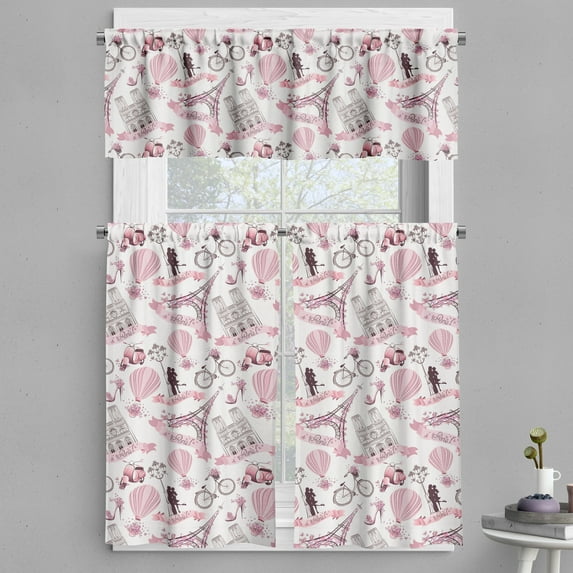 Ambesonne Eiffel Tower Valance & Curtain, Paris Honeymoon, 55"x30", Pale Pink White