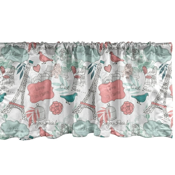 Ambesonne Eiffel Tower Window Valance, Bonjour Paris Love, 42" x 12", Cadet Blue Coral
