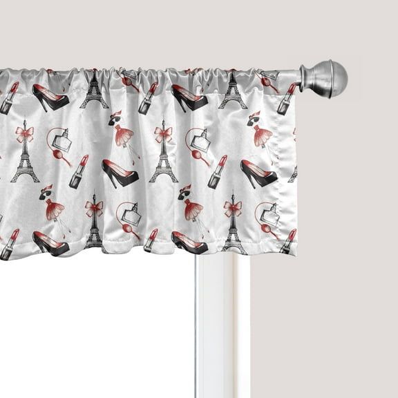 Ambesonne Eiffel Window Valance, Shoes Lipstick Perfume, 54" X 12", Ruby Black White