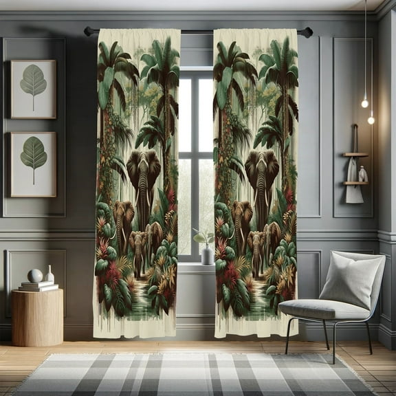 Ambesonne Elephant Curtains 2 Panel Set, Wild Nature Trunk Animals, Pair of - 28" x 63", Jade Green Caramel Ruby