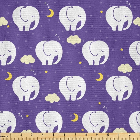 Ambesonne Elephant Fabric by the Yard Microfiber, Sleeping Animals Clouds, 10 Yards, Dark Indigo Pale Orange