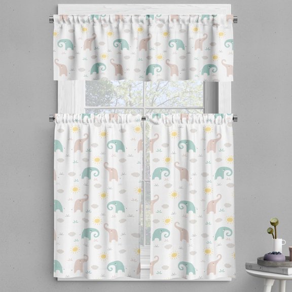 Ambesonne Elephant Valance & Curtain, Kawaii Animal Drawing Art, 55"x24", Pale Seafoam Pale Tan