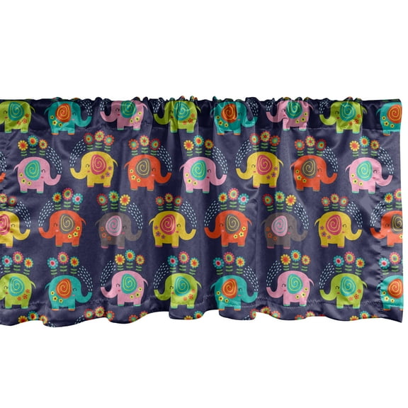 Ambesonne Elephants Window Valance, Floral Hippie Animals, 42" x 12", Indigo and Multicolor