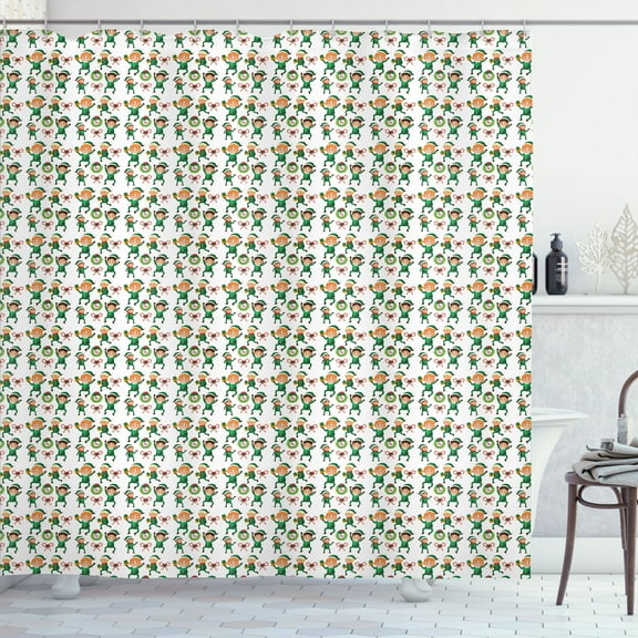 Ambesonne Elf Shower Curtain, Dwarf with Presents and Candy, 69"Wx84"L, Green and Multicolor