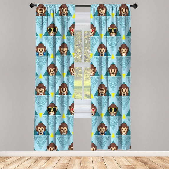 Ambesonne Emoji Art Curtains, Neutral Mandala Monkeys, Pair of 28"x84", Pale Blue Cadet Blue