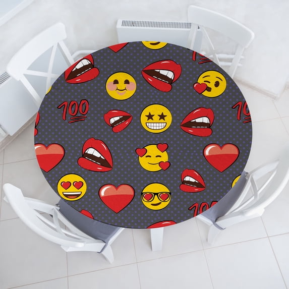 Ambesonne Emoji Art Fitted Round Tablecloth, Lips Faces Hearts Dots, 56"- 60" Diameter, Dark Coral Mustard White