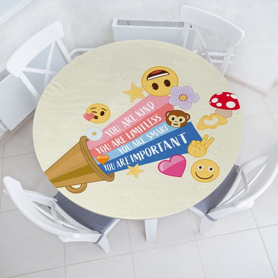 Ambesonne Emoji Art Fitted Round Tablecloth, Yellow Faces Funny Floral, 36"- 40" Diameter, Pale Khaki Mustard