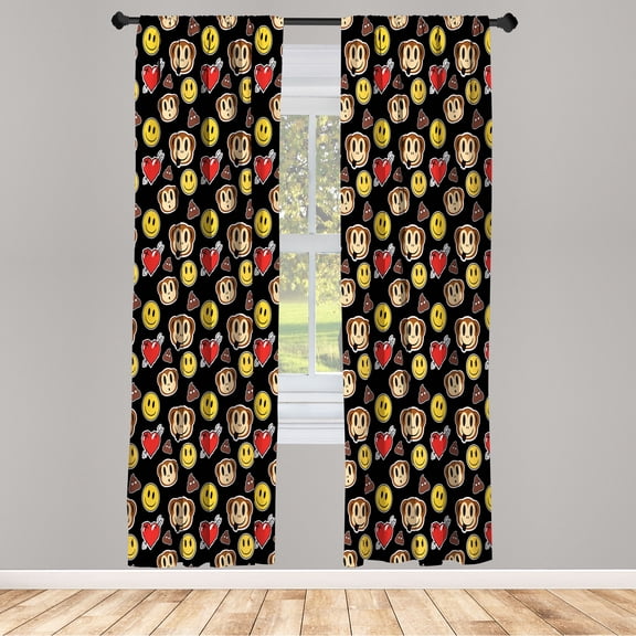 Ambesonne Emoji Curtains, Cartoon Monkey Smiling Faces, Pair of 28"x63", Brown Scarlet Yellow