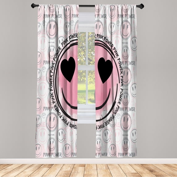 Ambesonne Emoji Curtains, Funny Face Pink Power Writing, Pair of 28"x95", Off White Pale Pink Black