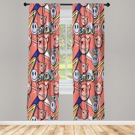 Ambesonne Emoji Curtains, Graffiti Design Funny Faces, Pair of 28"x63", Coral Dark Violet
