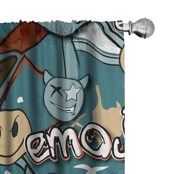 Ambesonne Emoji Curtains, Graffiti Design Funny Faces, Pair of 28"x84", Cadet Blue Redwood