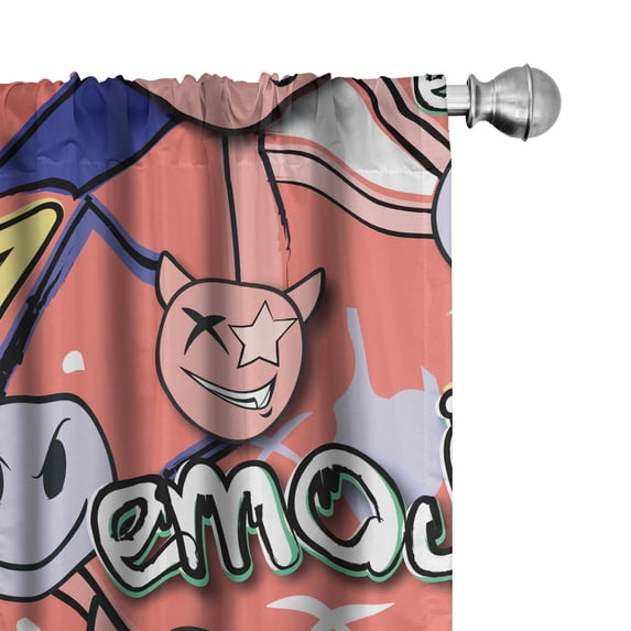 Ambesonne Emoji Curtains, Graffiti Design Funny Faces, Pair of 28"x84", Coral Dark Violet