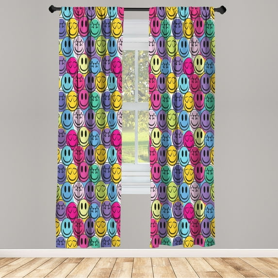 Ambesonne Emoji Curtains, Happy Colors Smiling Faces, Pair of 28"x95", Multicolor