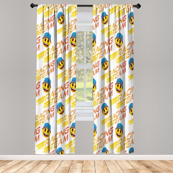 Ambesonne Emoji Curtains, Happy Racer with a Hat Print, Pair of 28"x95", Orange Yellow and Blue