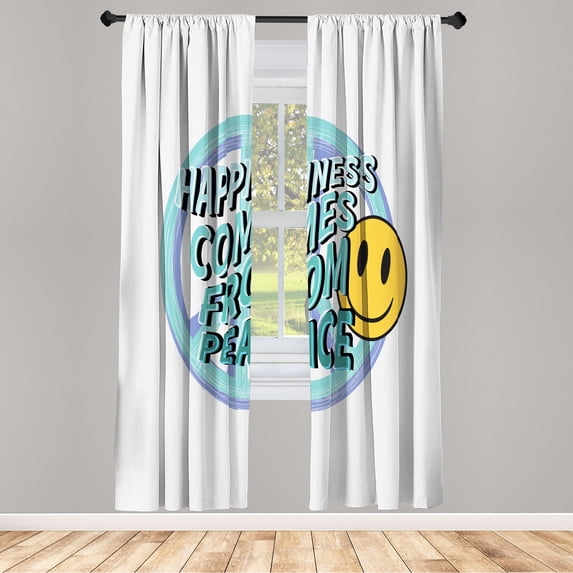 Ambesonne Emoji Curtains, Hippie Funny Face Happy Art, Pair of 28"x95", White Seafoam Ceil Blue