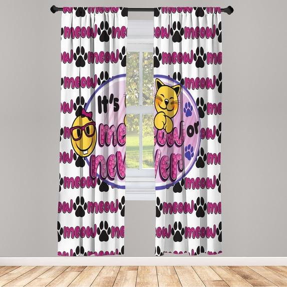 Ambesonne Emoji Curtains, Kawaii Meow and Paw Pattern, Pair of 28"x95", Dark Magenta White Black