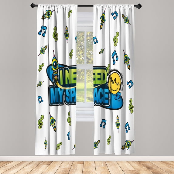 Ambesonne Emoji Curtains, Music Themed Wavy Face Print, Pair of 28"x95", White Lime Green and Sea Blue