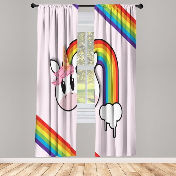 Ambesonne Emoji Curtains, Simple Kawaii Unicorn Rainbow, Pair of 28"x63", Pale Pink Multicolor