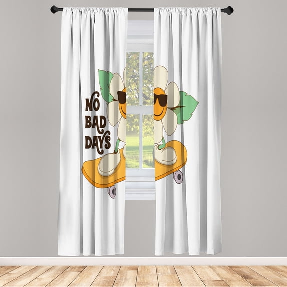 Ambesonne Emoji Curtains, Street Skating Floral Face, Pair of 28"x84", White Mustard Champagne