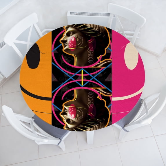 Ambesonne Emoji Fitted Round Tablecloth, Antique Sculptures Pop Art, 40"- 44" Diameter, Apricot Pink Multicolor