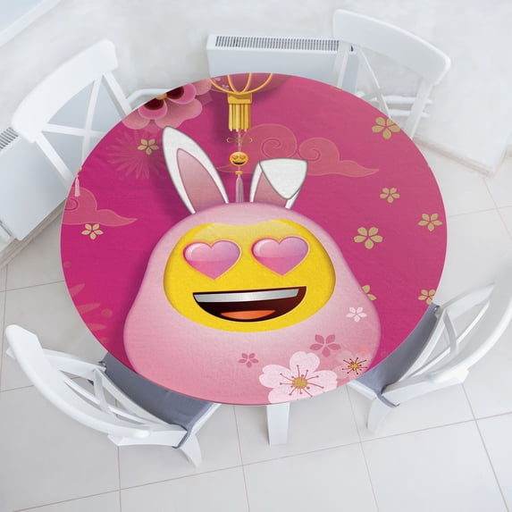 Ambesonne Emoji Fitted Round Tablecloth, Asian Blooms Funny Face Art, 40"- 44" Diameter, Pink Mustard White