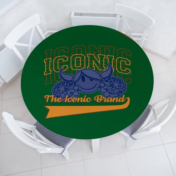 Ambesonne Emoji Fitted Round Tablecloth, Cheerleader Character Sports, 56"- 60" Diameter, Emerald Apricot and Ceil Blue