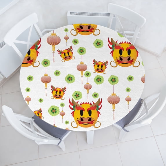 Ambesonne Emoji Fitted Round Tablecloth, Chinese Folk Dragons Motifs, 45"- 56" Diameter, Green Orange Pale Salmon