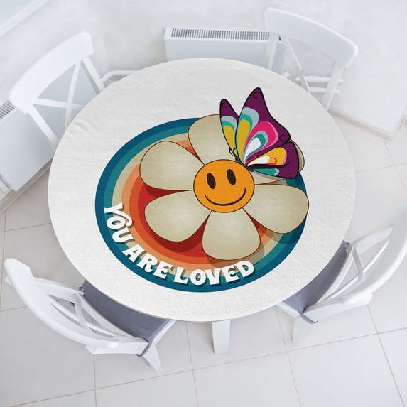 Ambesonne Emoji Fitted Round Tablecloth, Colorful Floral Face Funny, 56"- 60" Diameter, White Pale Sage Green
