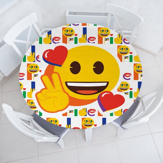 Ambesonne Emoji Fitted Round Tablecloth, Colorful Love Round Faces Art, 36"- 40" Diameter, White Mustard Multicolor