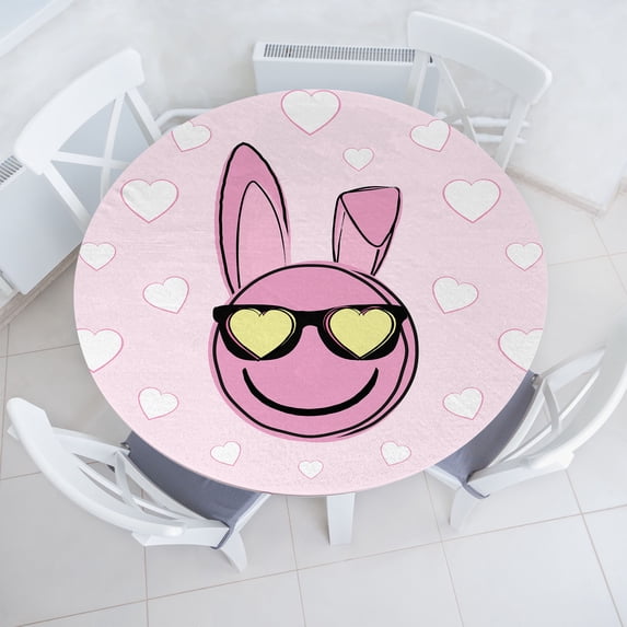 Ambesonne Emoji Fitted Round Tablecloth, Easter Lover Bunny Character, 56"- 60" Diameter, Pale Rose Soft Pink White