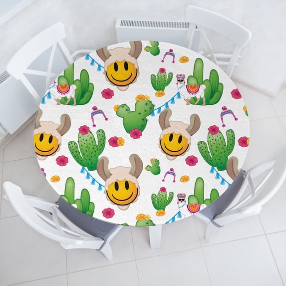 Ambesonne Emoji Fitted Round Tablecloth, Ethnic Llama Cactus Pattern, 40"- 44" Diameter, Green Pink and Eggshell