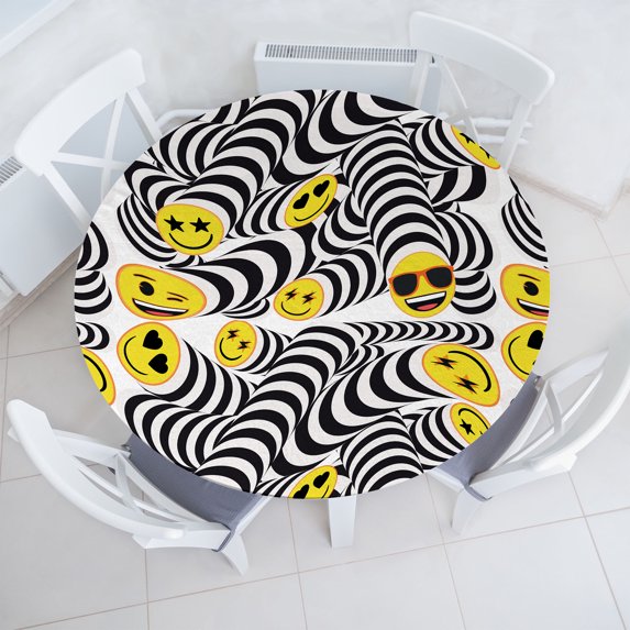Ambesonne Emoji Fitted Round Tablecloth, Faces Sunglasses Stars Hearts, 40"- 44" Diameter, Mustard Black White
