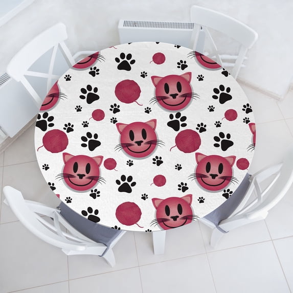 Ambesonne Emoji Fitted Round Tablecloth, Funny Cat Characters Kitten, 40"- 44" Diameter, Pale Ruby Black White