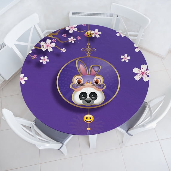 Ambesonne Emoji Fitted Round Tablecloth, Funny Panda with Rabbit Hat, 40"- 44" Diameter, Blue Violet and Pink