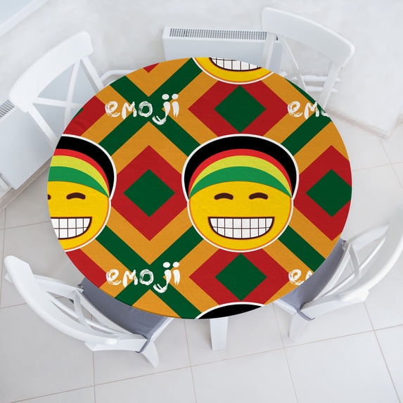 Ambesonne Emoji Fitted Round Tablecloth, Funny Rasta Faces Pattern, 56"- 60" Diameter, Mustard Fern Green