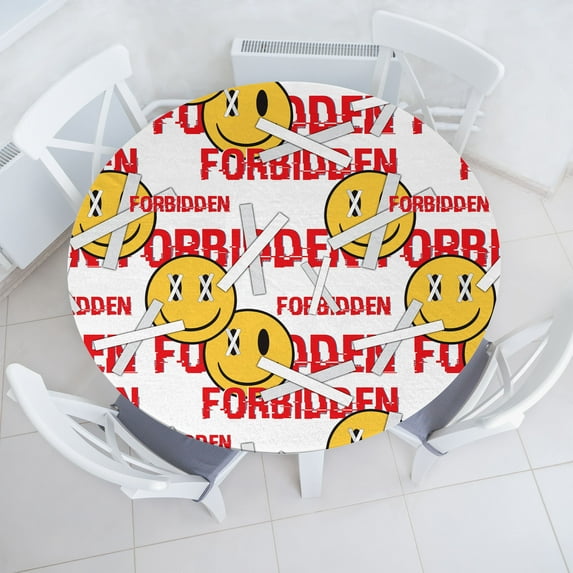 Ambesonne Emoji Fitted Round Tablecloth, Glitch Style Forbidden Word, 56"- 60" Diameter, Vermilion Mustard and White