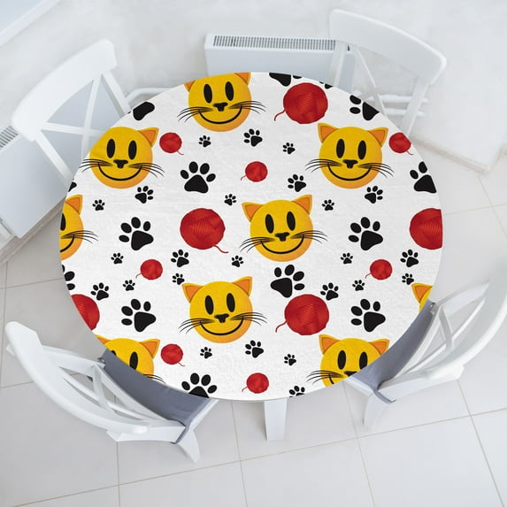 Ambesonne Emoji Fitted Round Tablecloth, Kitten Cat Paws Yarn Balls, 40"- 44" Diameter, Orange Dark Coral Black