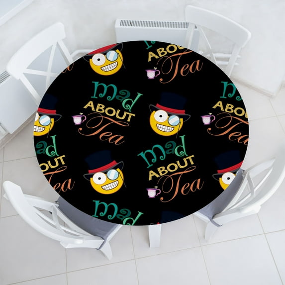 Ambesonne Emoji Fitted Round Tablecloth, Mad About Tea Hatter Alice, 36"- 40" Diameter, Black and Multicolor