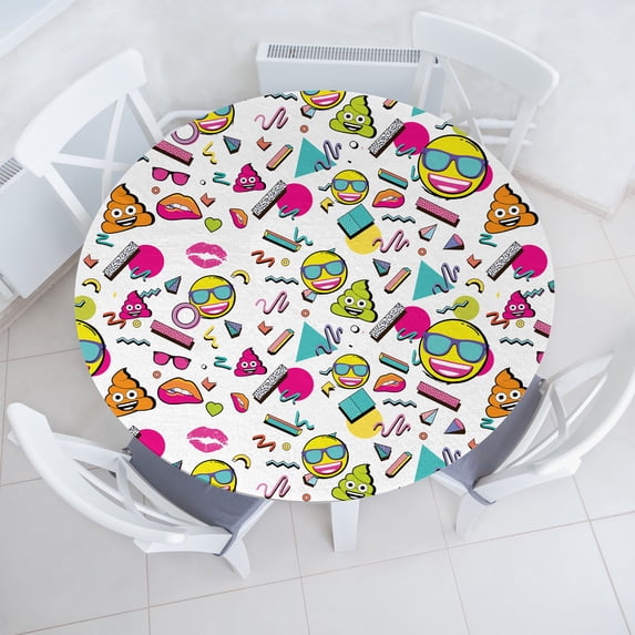Ambesonne Emoji Fitted Round Tablecloth, Memphis Style Yellow Faces, 36"- 40" Diameter, White Hot Pink Yellow