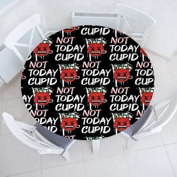 Ambesonne Emoji Fitted Round Tablecloth, Not Today Cupid Evil Face, 45"- 56" Diameter, Scarlet Black and White