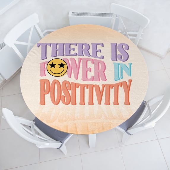 Ambesonne Emoji Fitted Round Tablecloth, Positivity Saying Starry Face, 45"- 56" Diameter, Peach Multicolor