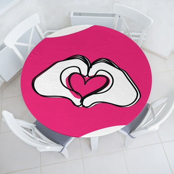 Ambesonne Emoji Fitted Round Tablecloth, Sketchy Heart Shaped Fingers, 56"- 60" Diameter, Hot Pink White Black
