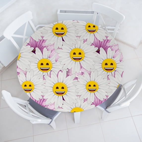 Ambesonne Emoji Fitted Round Tablecloth, Spring Atmosphere Funny Faces, 40"- 44" Diameter, Pale Purple Off White