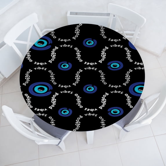 Ambesonne Emoji Fitted Round Tablecloth, Whimsical Eyes Writings Art, 40"- 44" Diameter, Black Sea Blue White