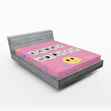 Ambesonne Emoji Fitted Sheet, 90s Letters Candy and Face, Full Size, Soft Pink Yellow and Eggshell