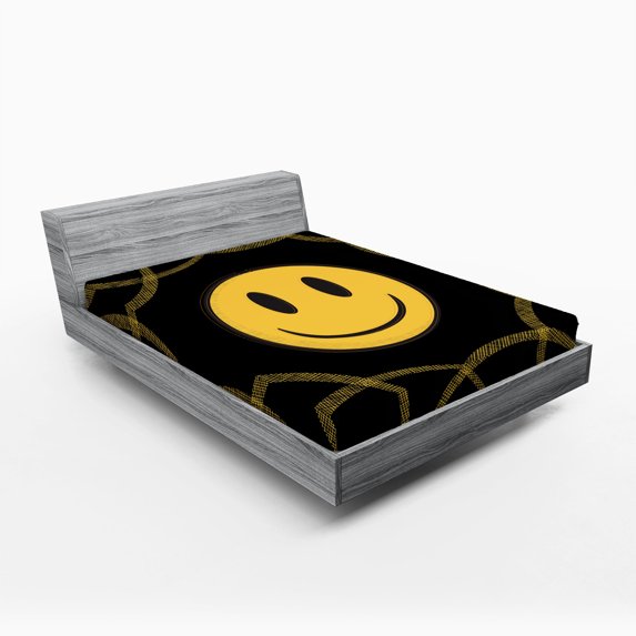 Ambesonne Emoji Fitted Sheet, Classic Smiling Face Grids, King Size, Black Mustard