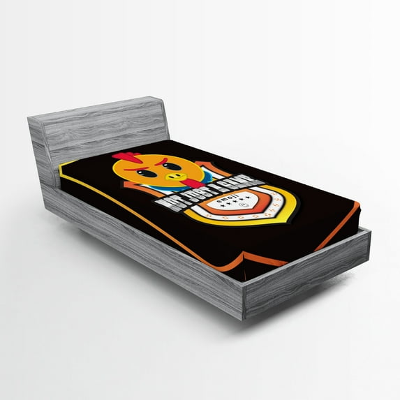 Ambesonne Emoji Fitted Sheet, Funny Rooster Soccer Themed, Twin Size, Dark Brown Orange and Yellow