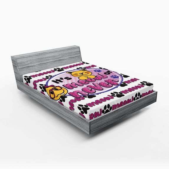 Ambesonne Emoji Fitted Sheet, Kawaii Meow and Paw Pattern, Full Size, Dark Magenta White Black