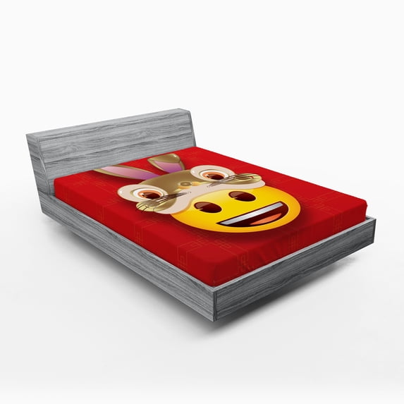Ambesonne Emoji Fitted Sheet, Laughing Face with Rabbit Hat, King Size, Vermilion Mustard and Sepia
