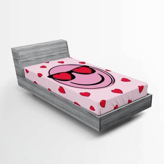 Ambesonne Emoji Fitted Sheet, Lover Smiling Face Hearts, Twin Size, Soft Pink Magenta and Black